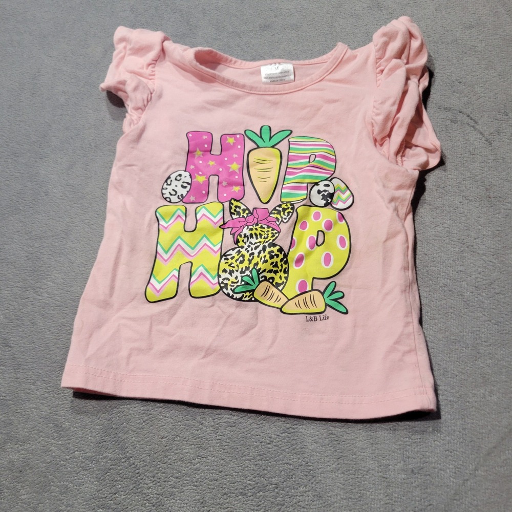L&B Life Graphic Tee Girls M Pink Hip Hop‎ Easter Bunny Ruffle Sleeve Boutique